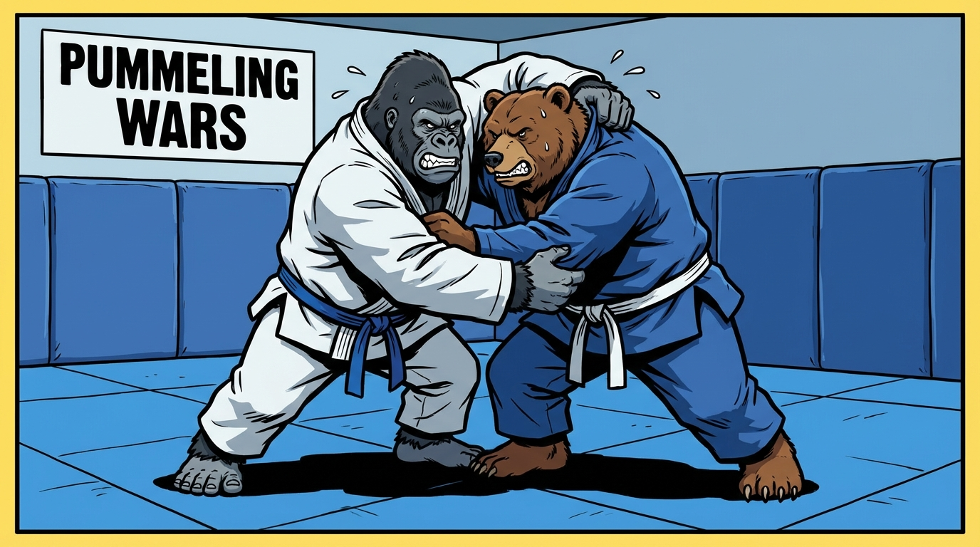 Pummeling Wars BJJ training game showing cartoon athletes practicing pummeling techniques on training mats