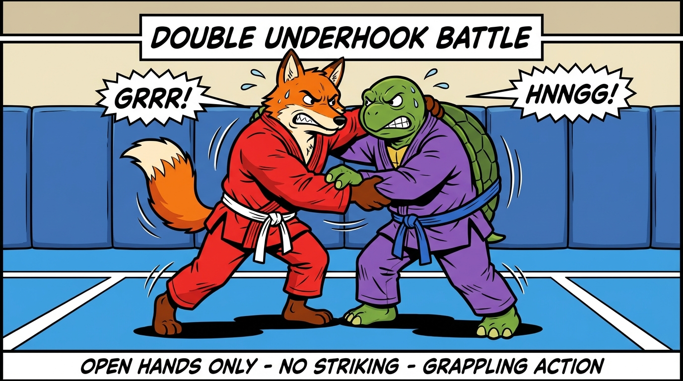 BJJ takedowns training drill showing cartoon athletes demonstrating Pummeling Wars techniques in modern gym
