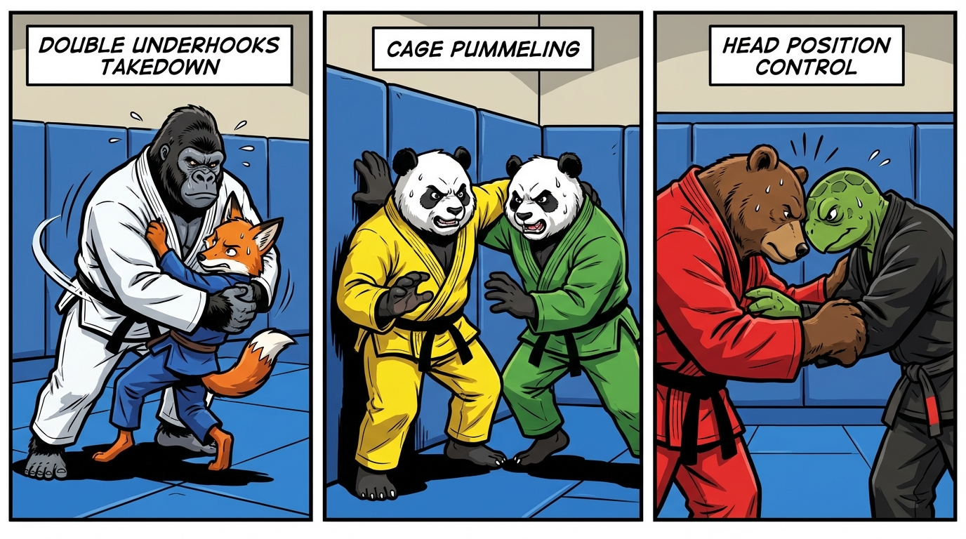 Pummeling Wars variations showing cartoon BJJ athletes demonstrating different approaches and skill levels