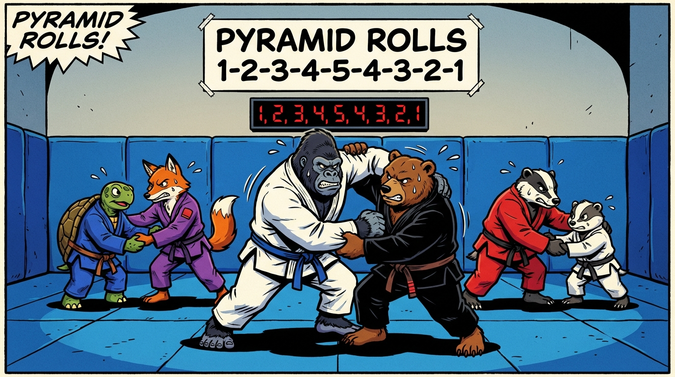 Pyramid Rolls BJJ training game showing cartoon athletes practicing conditioning techniques on training mats