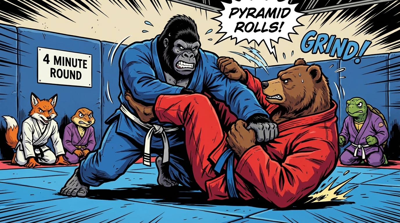 BJJ conditioning training drill showing cartoon athletes demonstrating Pyramid Rolls techniques in modern gym
