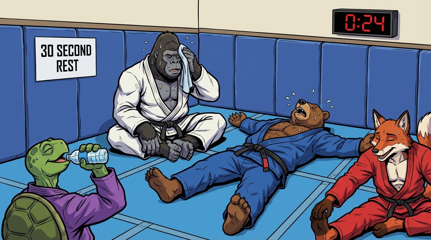 Pyramid Rolls variations showing cartoon BJJ athletes demonstrating different approaches and skill levels
