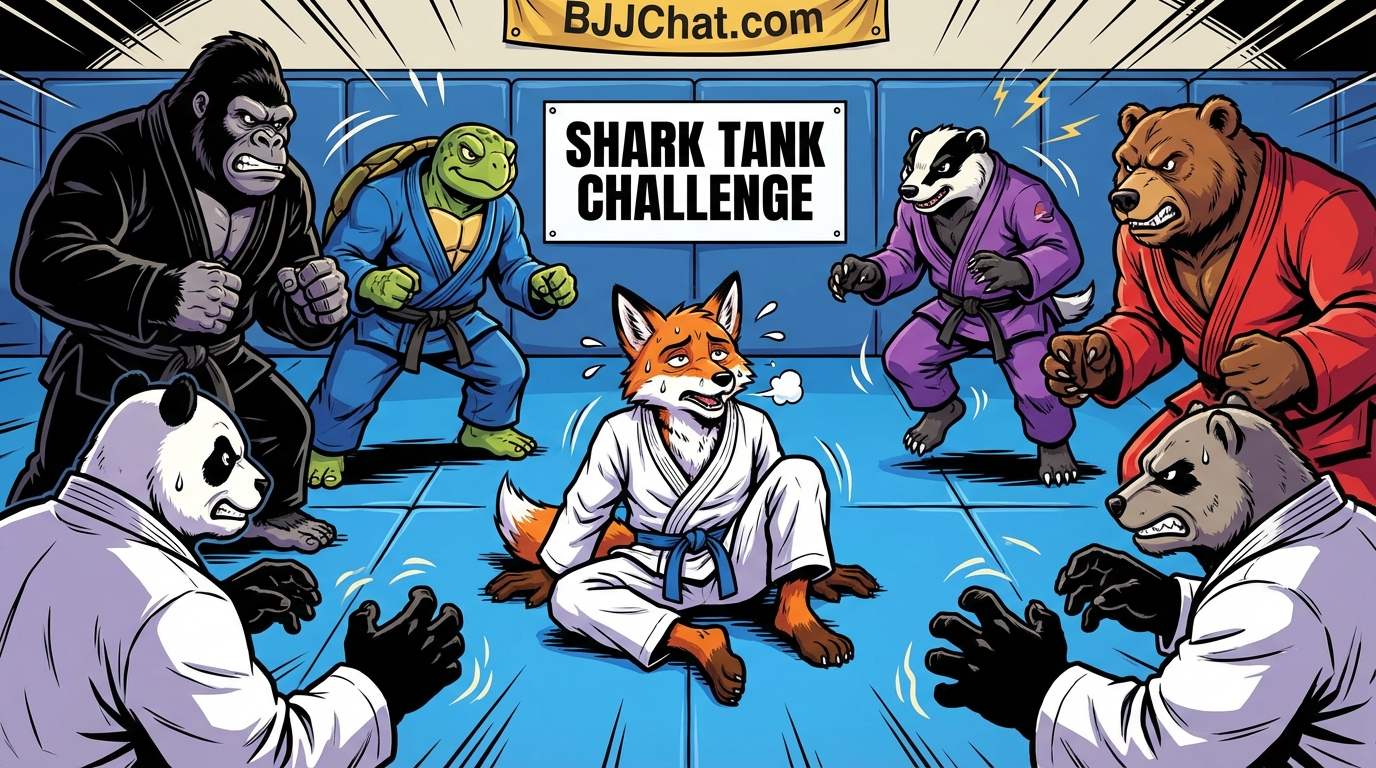 Shark Tank BJJ conditioning showing one exhausted cartoon athlete facing multiple fresh opponents in modern gym