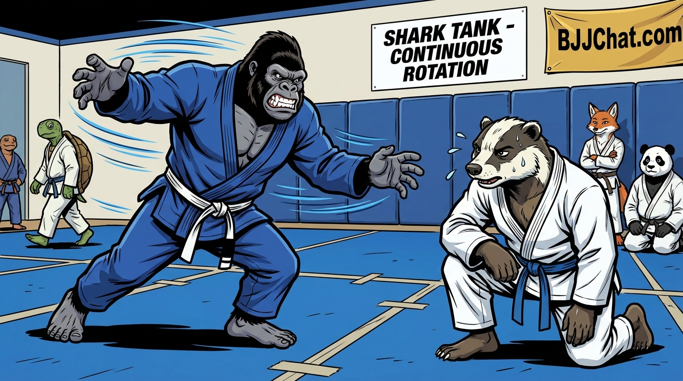 Continuous BJJ sparring drill showing cartoon athlete rolling while fresh opponents wait to rotate in