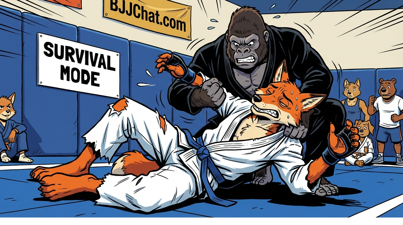 Mental toughness training showing exhausted cartoon BJJ athlete continuing technique practice with determination