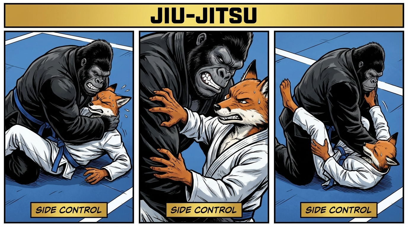 Side Control Escape Ladder BJJ training game showing cartoon athletes practicing side control escape techniques on training mats