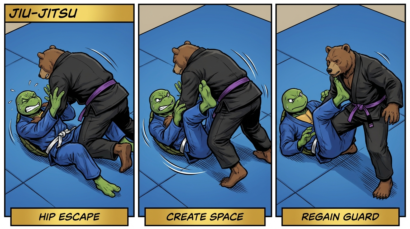 BJJ escapes training drill showing cartoon athletes demonstrating Side Control Escape Ladder techniques in modern gym