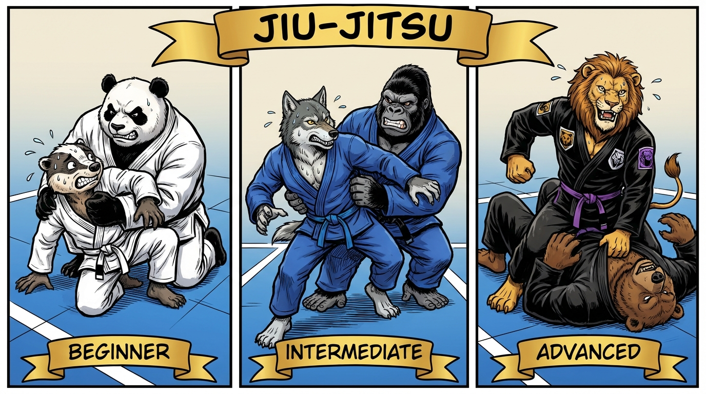 Side Control Escape Ladder variations showing cartoon BJJ athletes demonstrating different approaches and skill levels