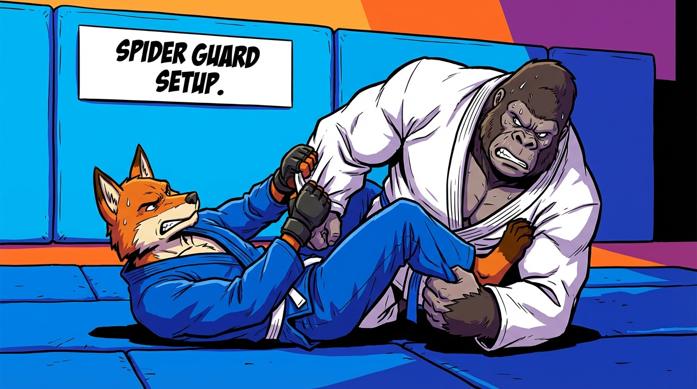 Spider Guard Sweep Series BJJ training game showing cartoon athletes practicing spider guard techniques on training mats