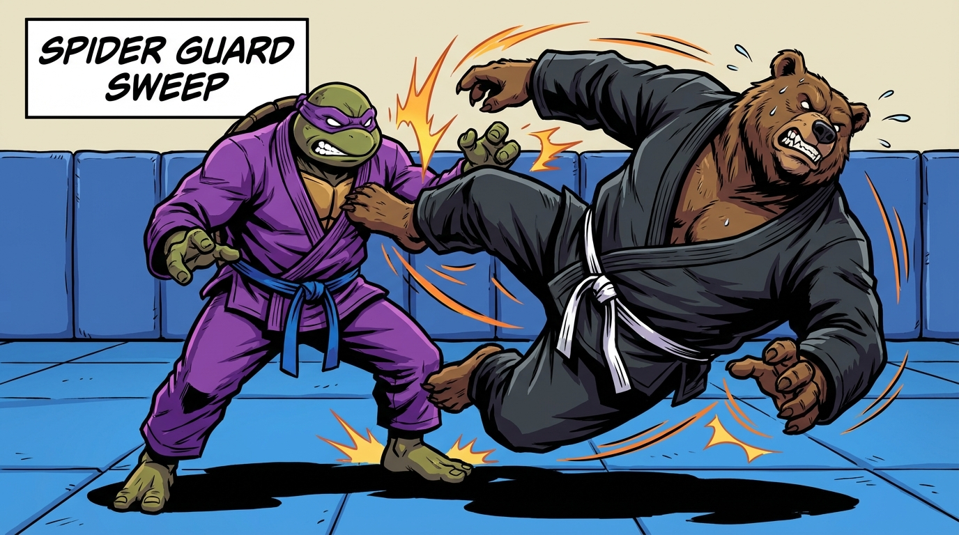 BJJ guard training drill showing cartoon athletes demonstrating Spider Guard Sweep Series techniques in modern gym