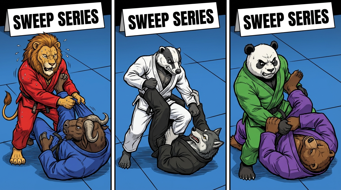 Spider Guard Sweep Series variations showing cartoon BJJ athletes demonstrating different approaches and skill levels