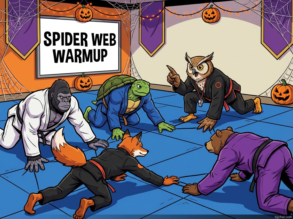 BJJ warmup training drill showing cartoon athletes demonstrating Spider Web techniques in modern gym