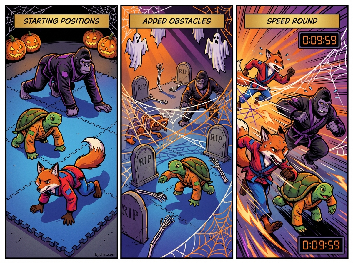 Spider Web variations showing cartoon BJJ athletes demonstrating different approaches and skill levels