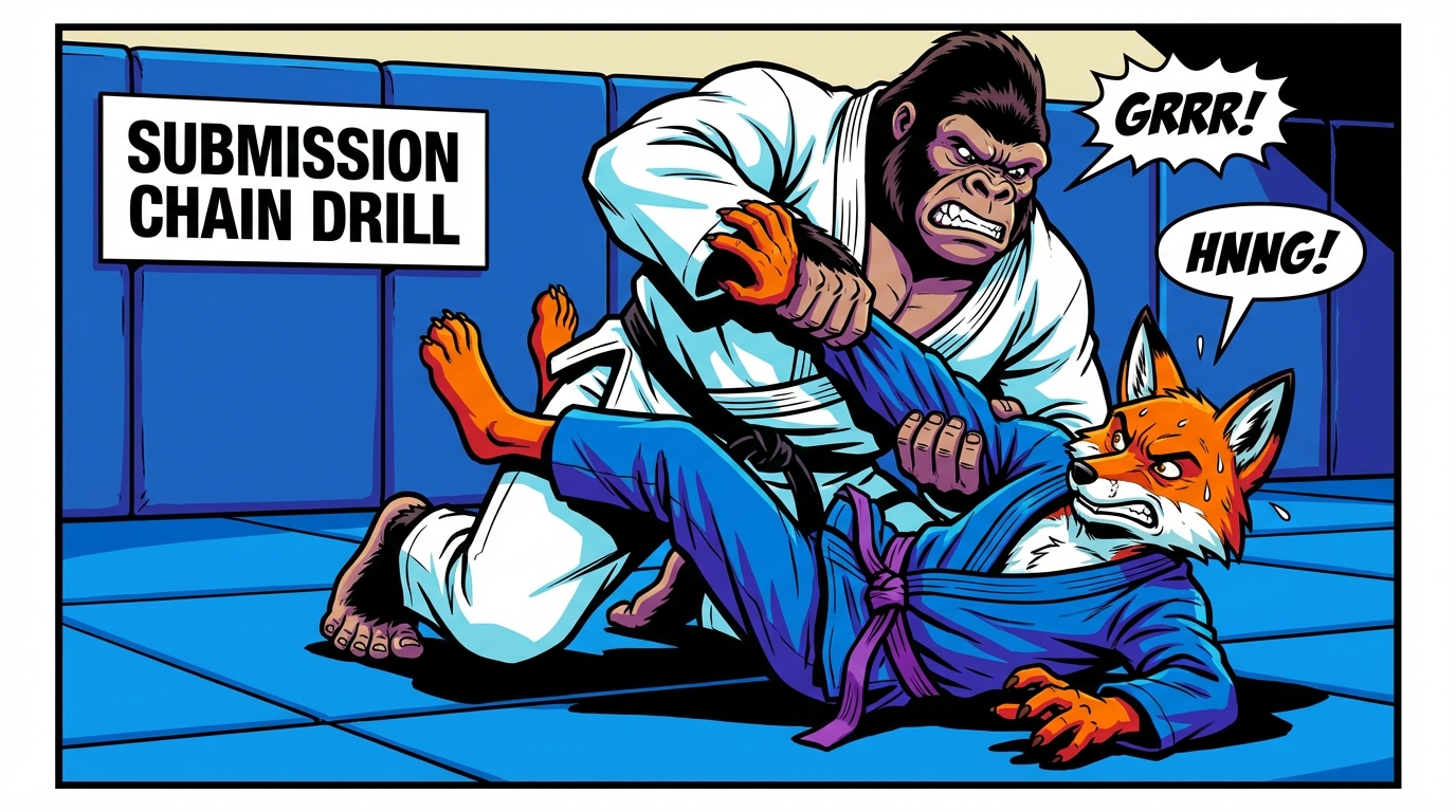 Submission Chain Drill BJJ training game showing cartoon athletes practicing submissions techniques on training mats
