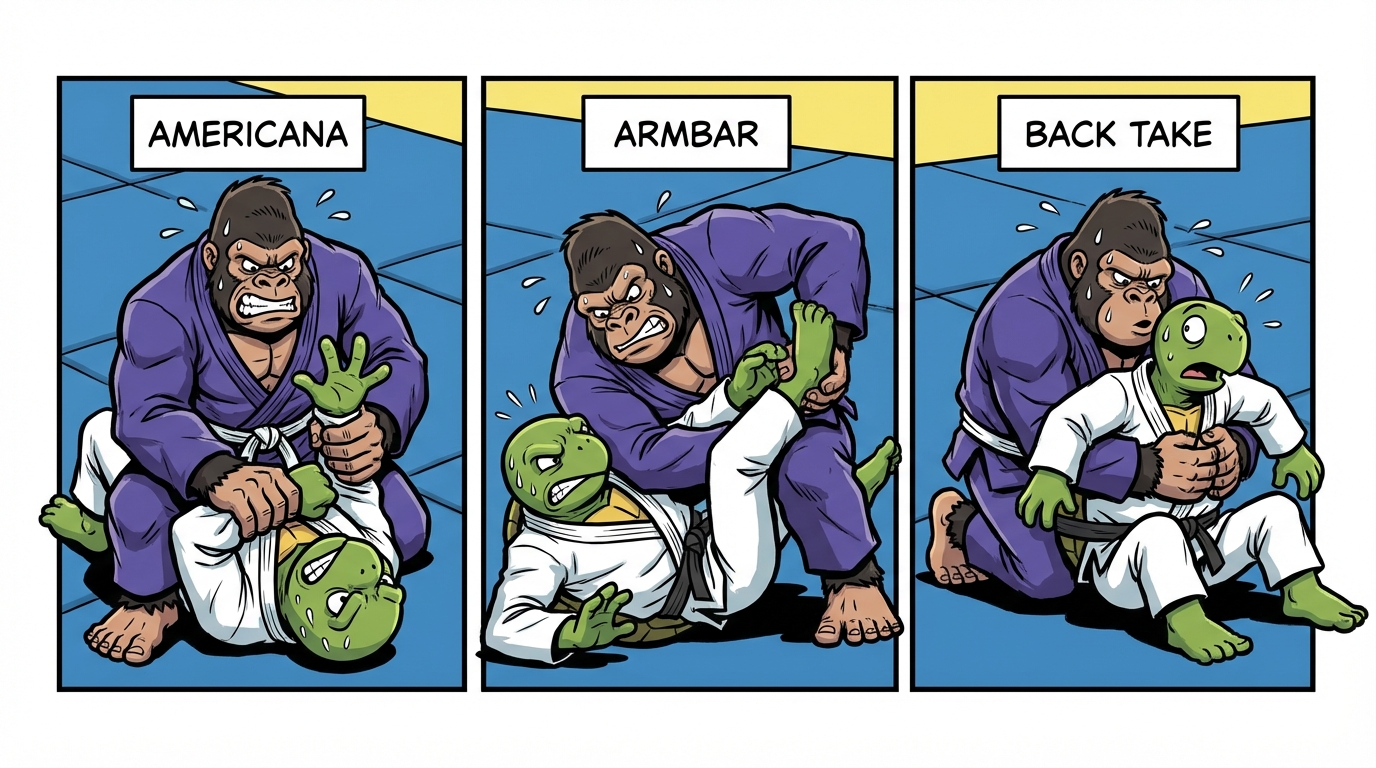 Submission Chain Drill variations showing cartoon BJJ athletes demonstrating different approaches and skill levels