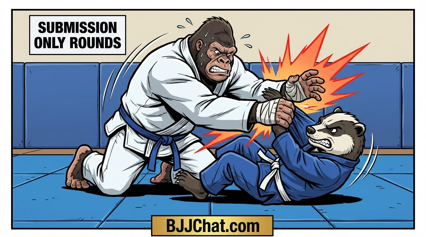 Submission Only Rounds BJJ training game showing cartoon athletes practicing submissions techniques on training mats
