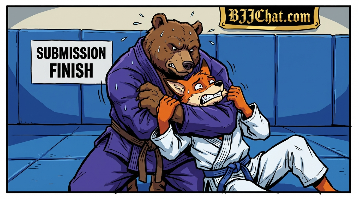 BJJ submission training drill showing cartoon athletes demonstrating Submission Only Rounds techniques in modern gym