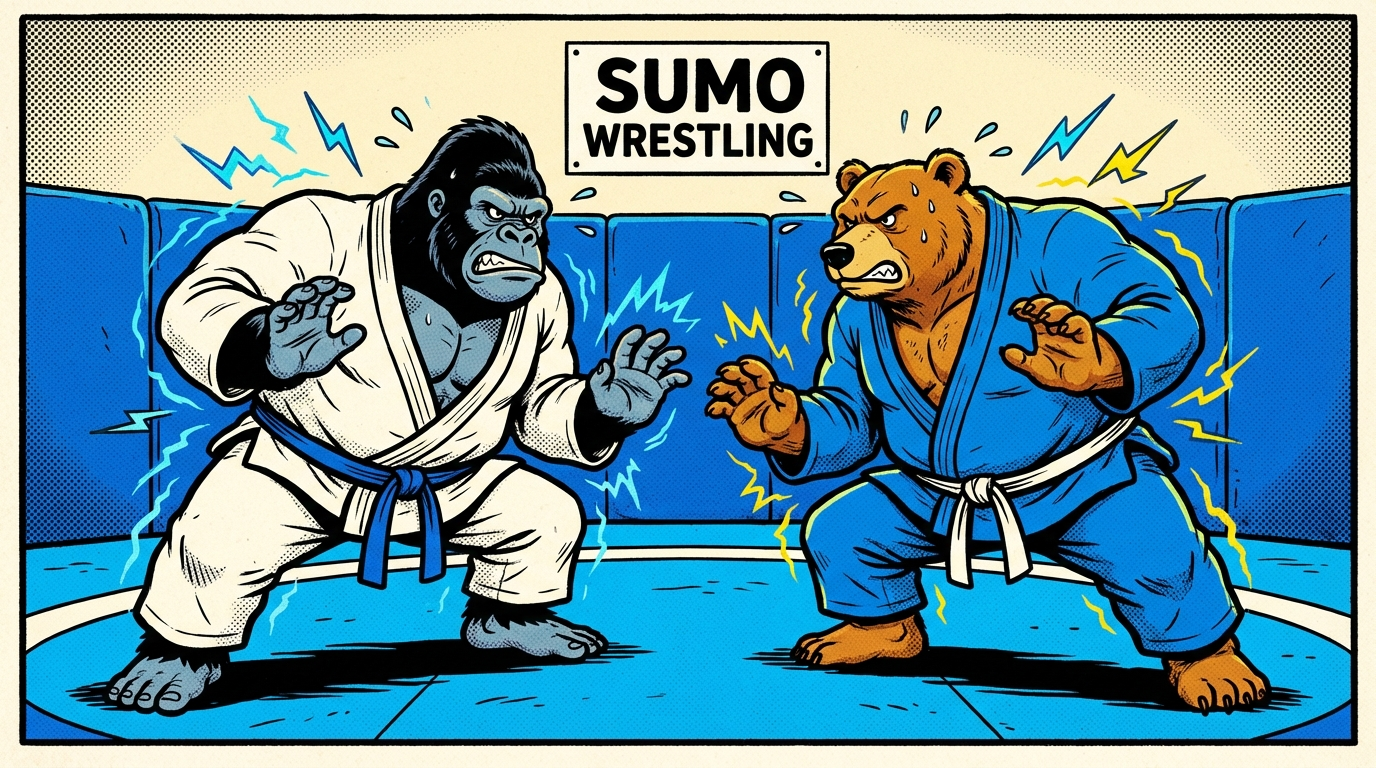 Sumo Wrestling BJJ training game showing cartoon athletes practicing balance techniques on training mats