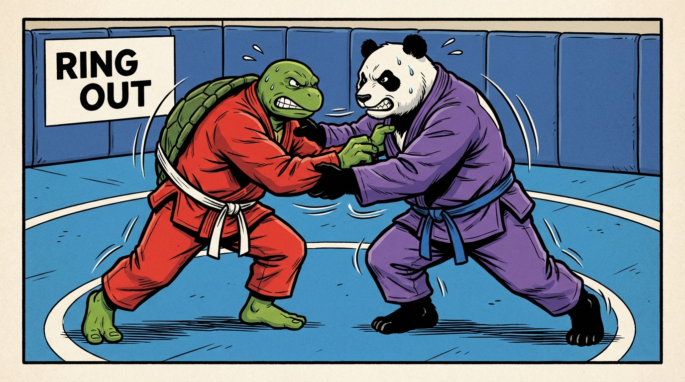 BJJ takedowns training drill showing cartoon athletes demonstrating Sumo Wrestling techniques in modern gym