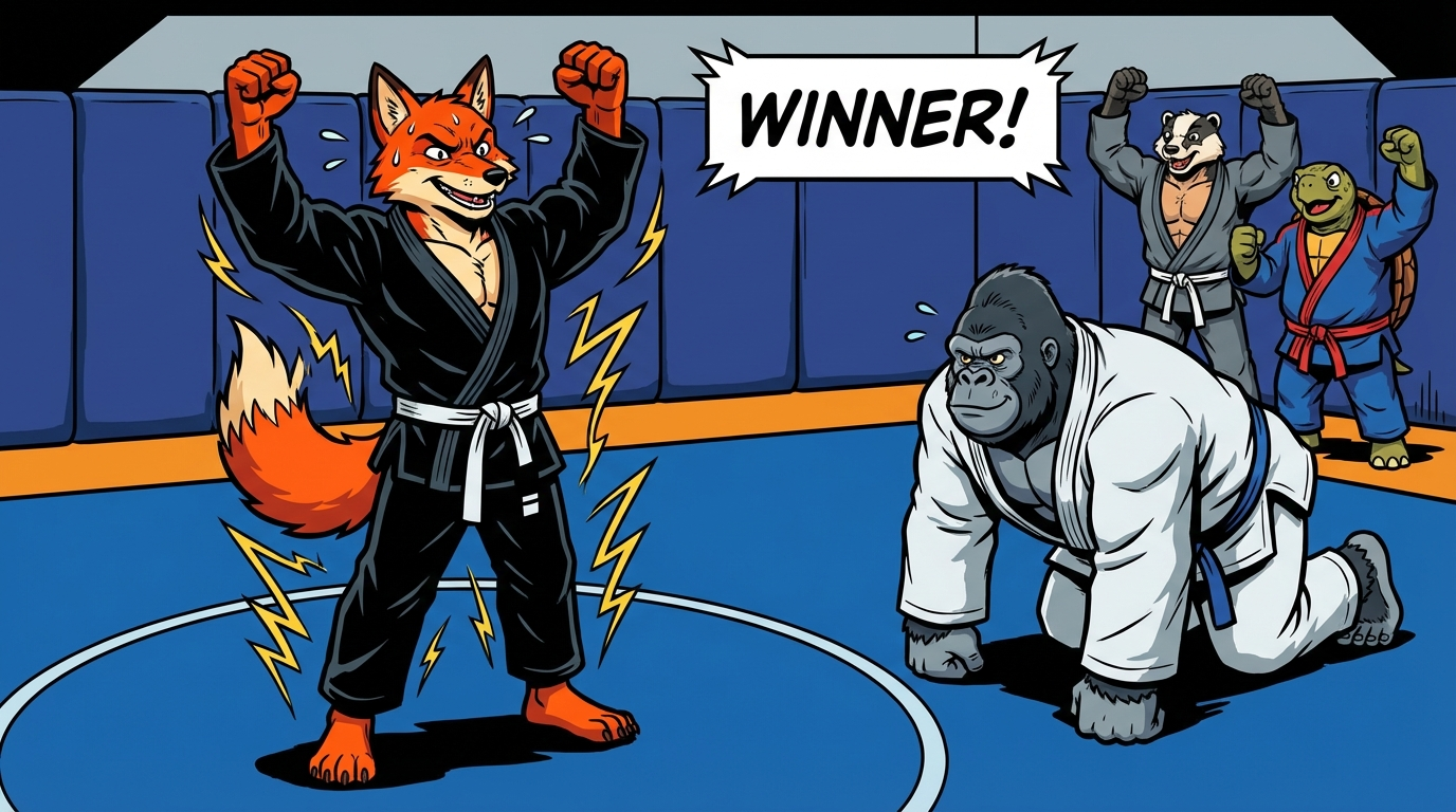 Sumo Wrestling variations showing cartoon BJJ athletes demonstrating different approaches and skill levels