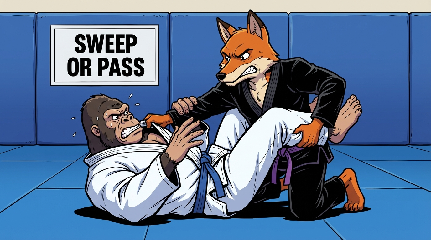 Sweep or Pass BJJ training game showing cartoon athletes practicing guard techniques on training mats