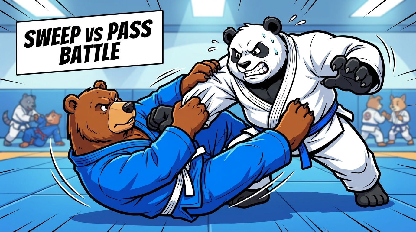 BJJ guard training drill showing cartoon athletes demonstrating Sweep or Pass techniques in modern gym