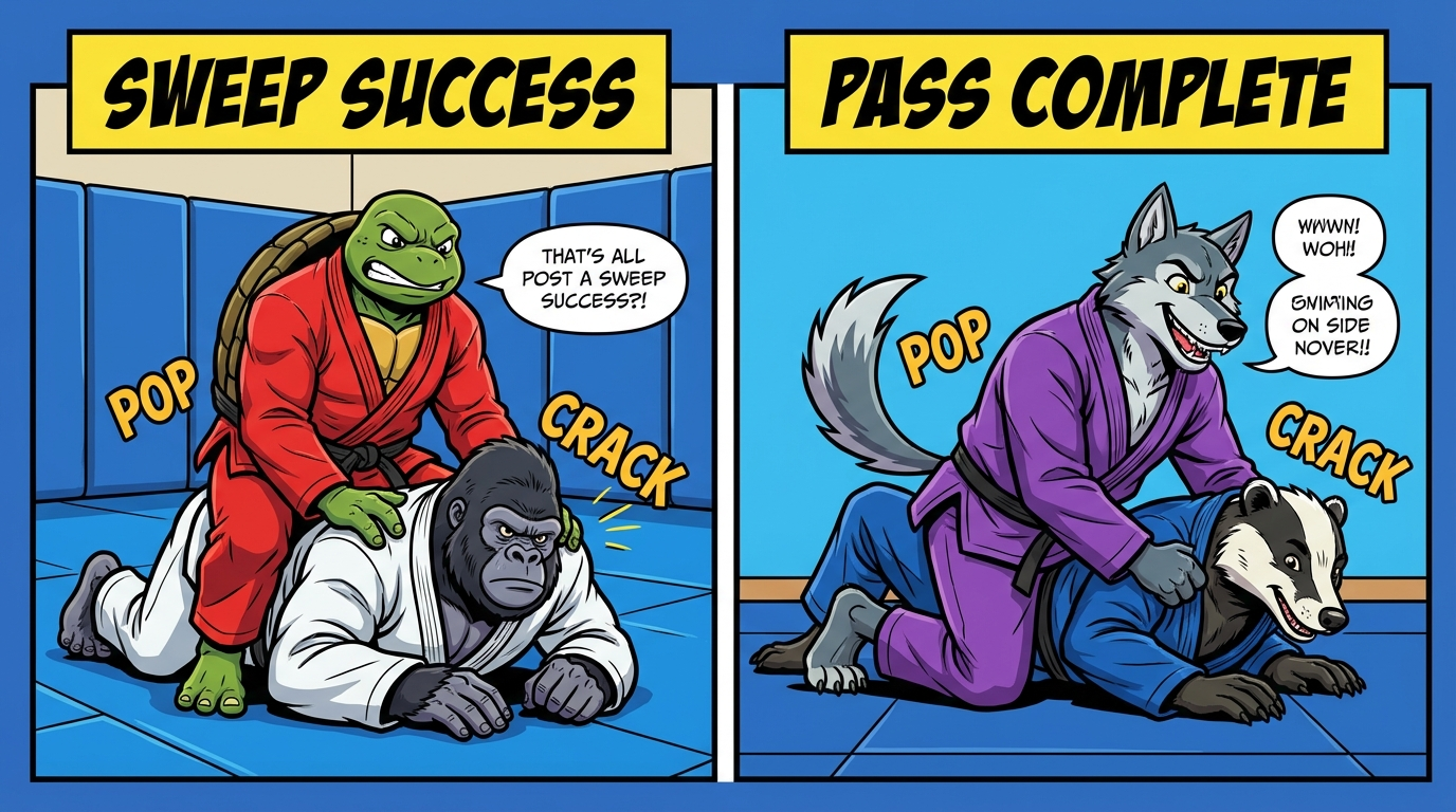 Sweep or Pass variations showing cartoon BJJ athletes demonstrating different approaches and skill levels