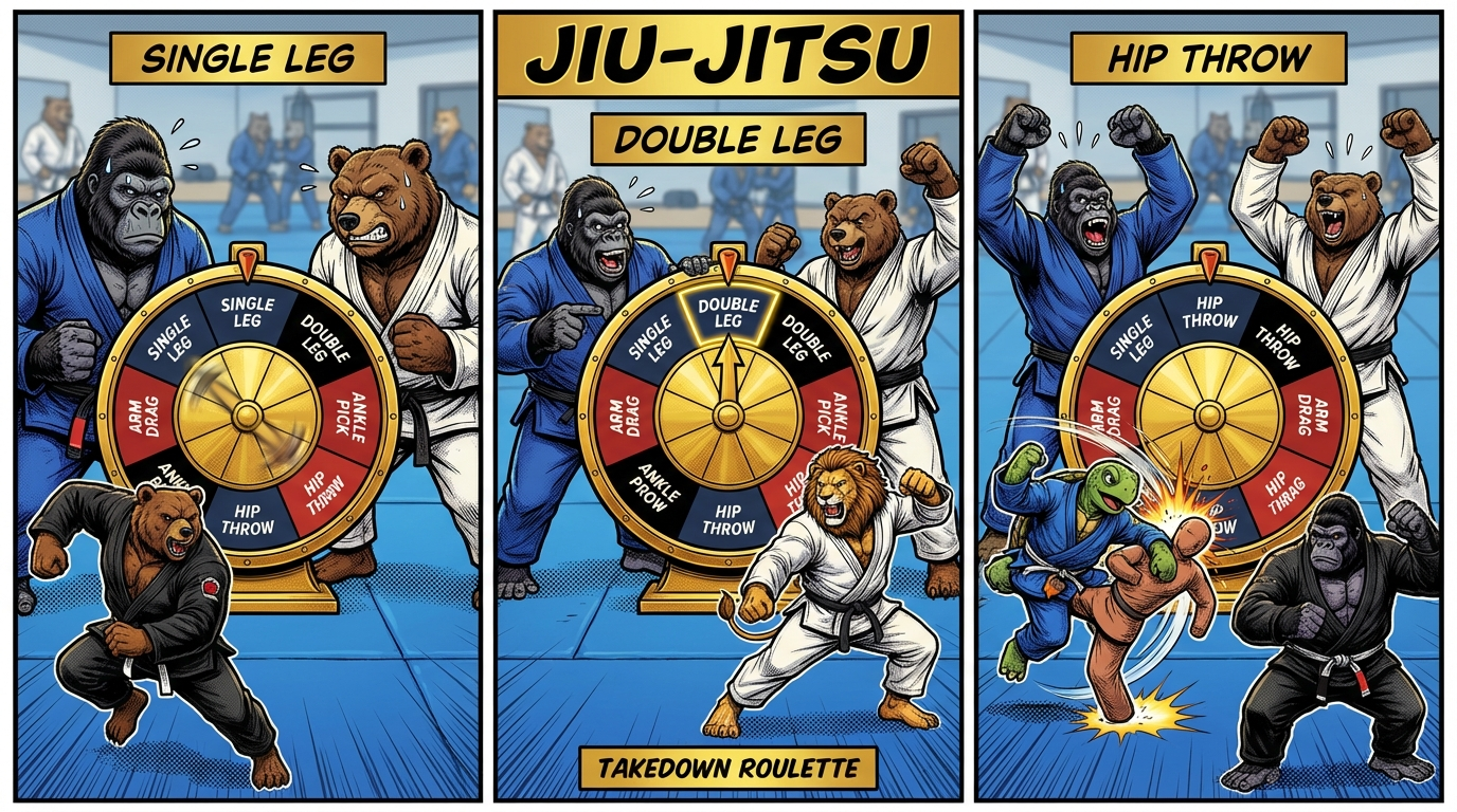 Takedown Roulette BJJ training game showing cartoon athletes practicing takedowns techniques on training mats