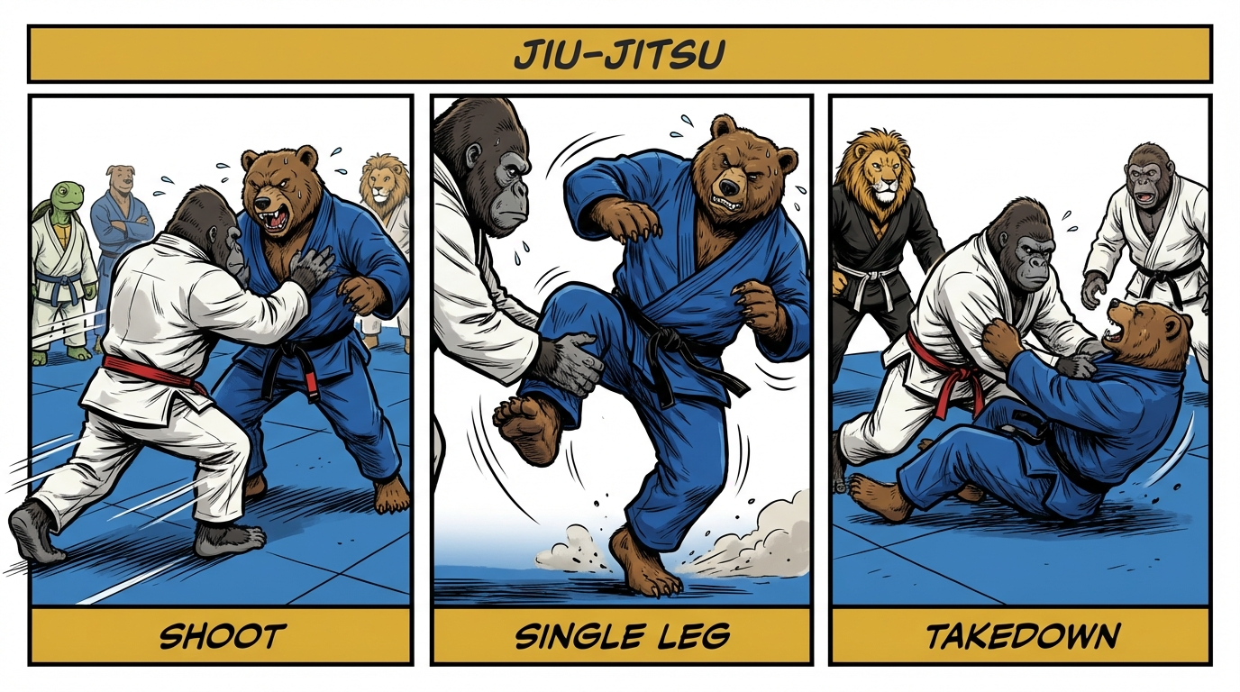 BJJ takedowns training drill showing cartoon athletes demonstrating Takedown Roulette techniques in modern gym