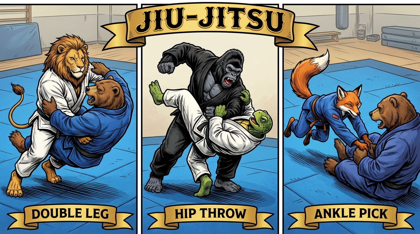 Takedown Roulette variations showing cartoon BJJ athletes demonstrating different approaches and skill levels