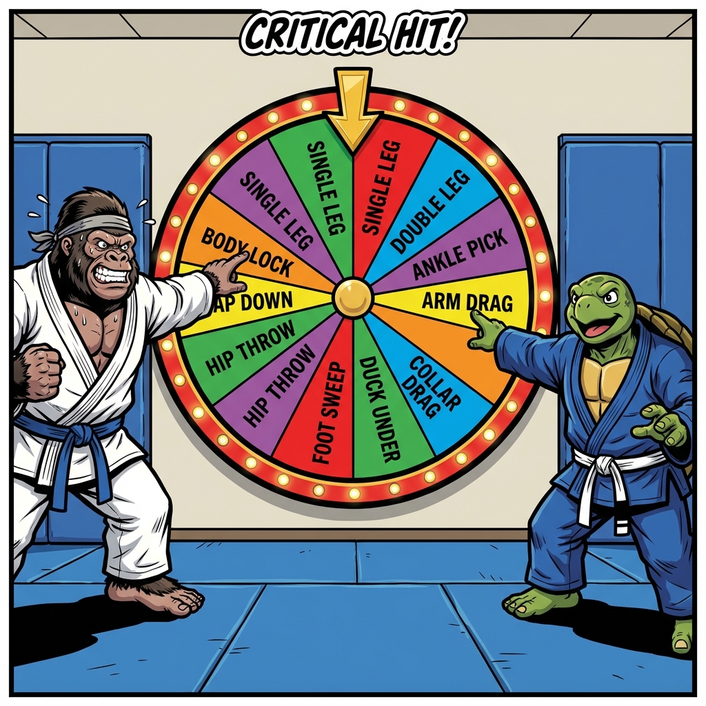 Takedown Roulette wheel showing various BJJ takedown techniques on a spinning wheel