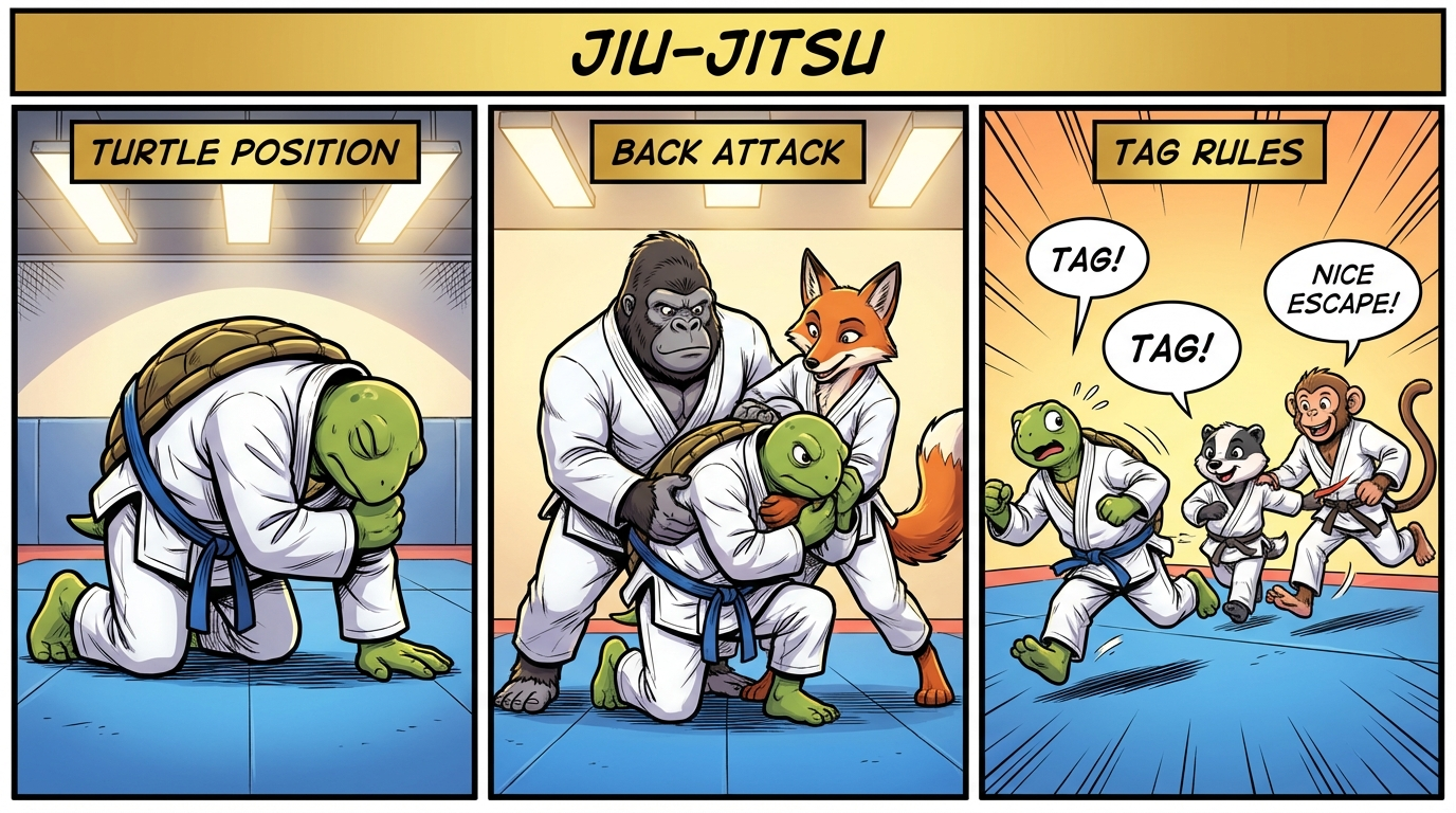 Turtle Tag BJJ training game showing cartoon athletes practicing turtle defense techniques on training mats
