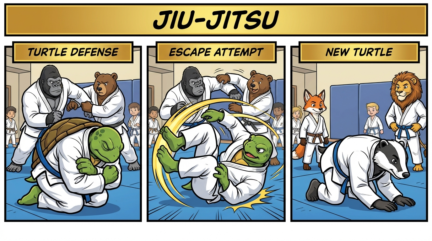 BJJ turtle training drill showing cartoon athletes demonstrating Turtle Tag techniques in modern gym