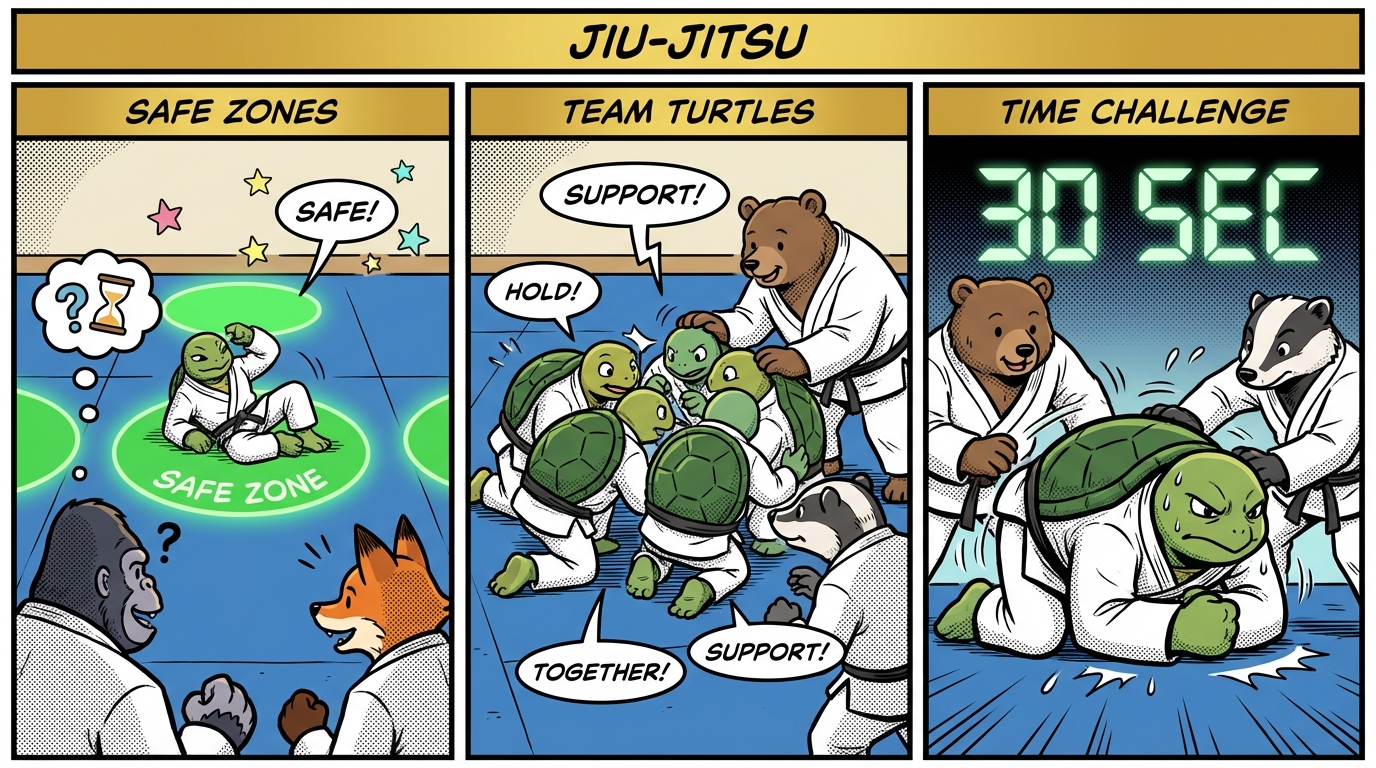 Turtle Tag variations showing cartoon BJJ athletes demonstrating different approaches and skill levels