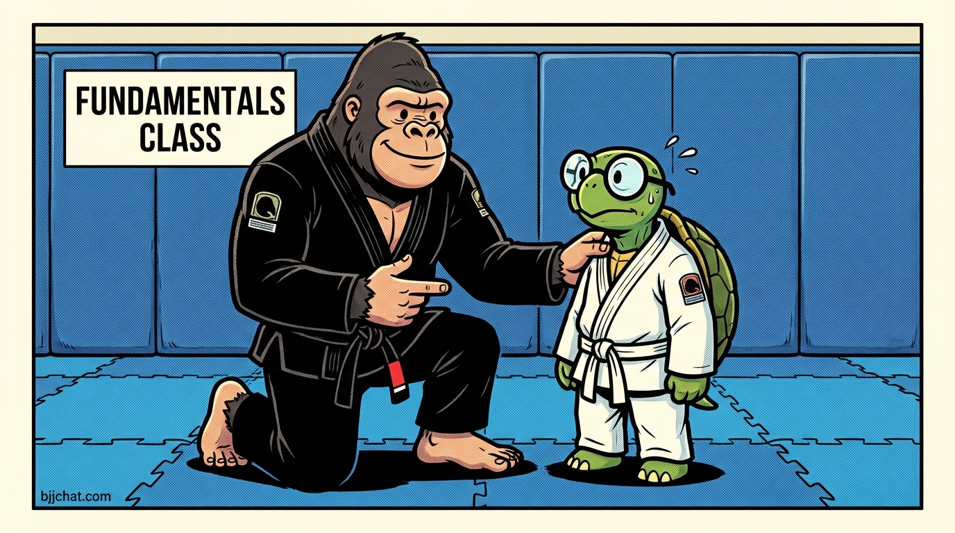 Instructor guiding beginners through fundamental BJJ techniques