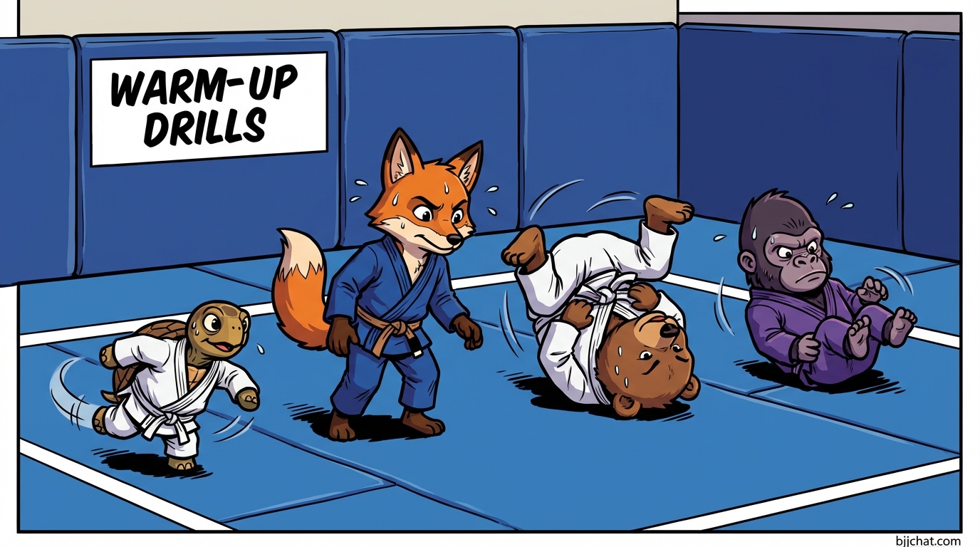 Beginners learning fundamental BJJ movements during warm-up