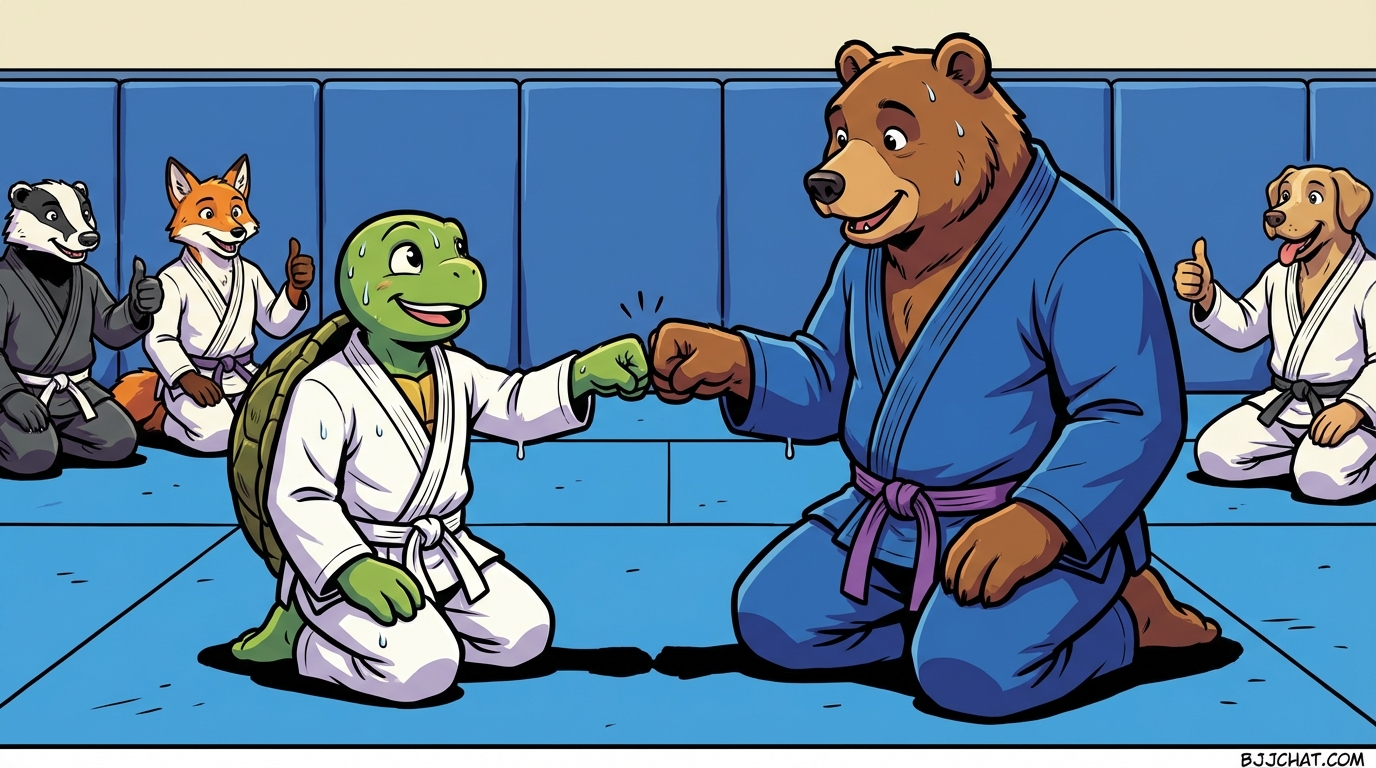 New white belt receiving encouragement after their first sparring session