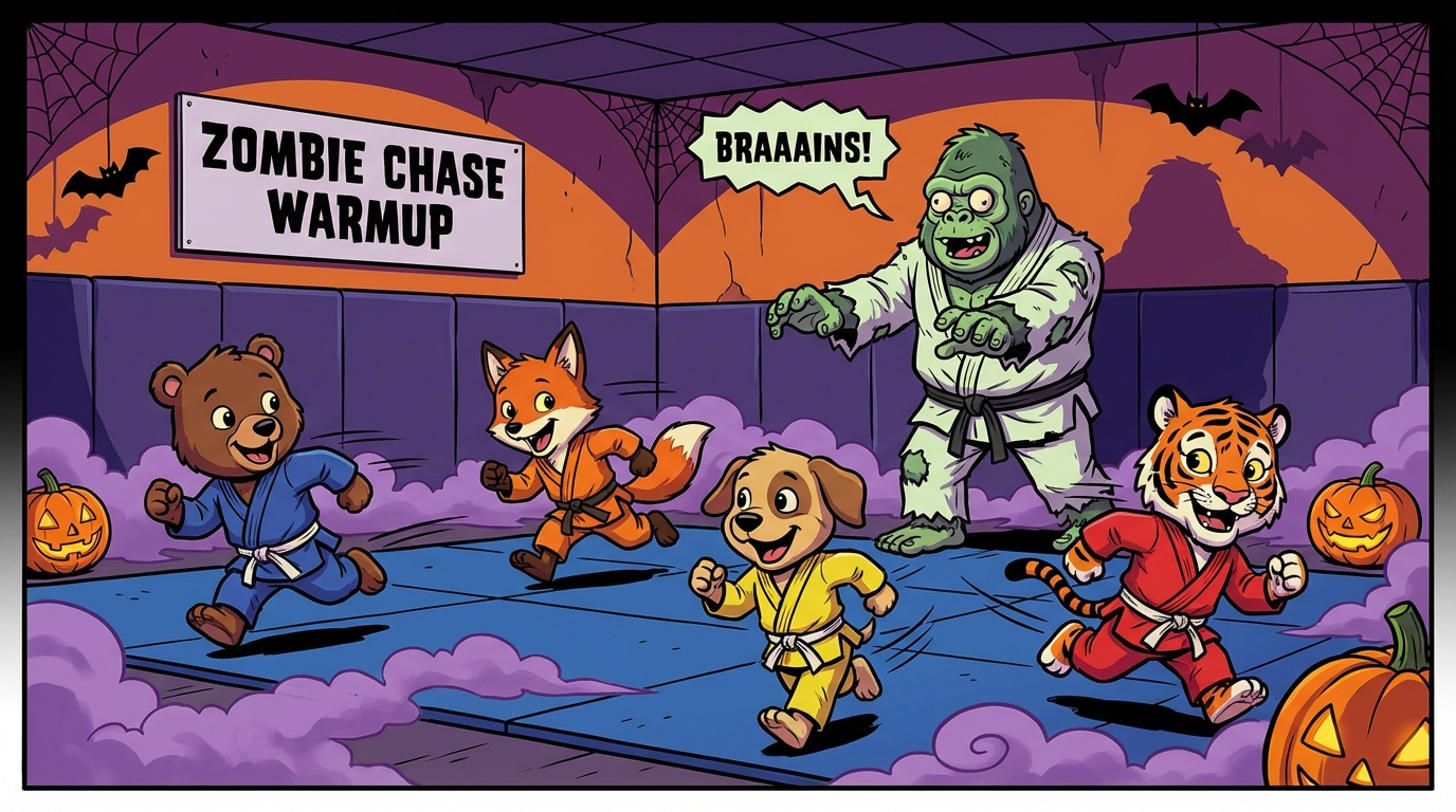 Zombie Apocalypse BJJ training game showing cartoon athletes practicing cardio techniques on training mats
