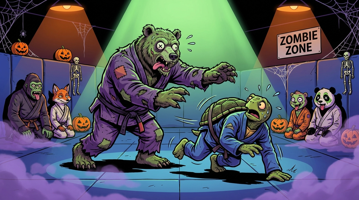 BJJ warmup training drill showing cartoon athletes demonstrating Zombie Apocalypse techniques in modern gym