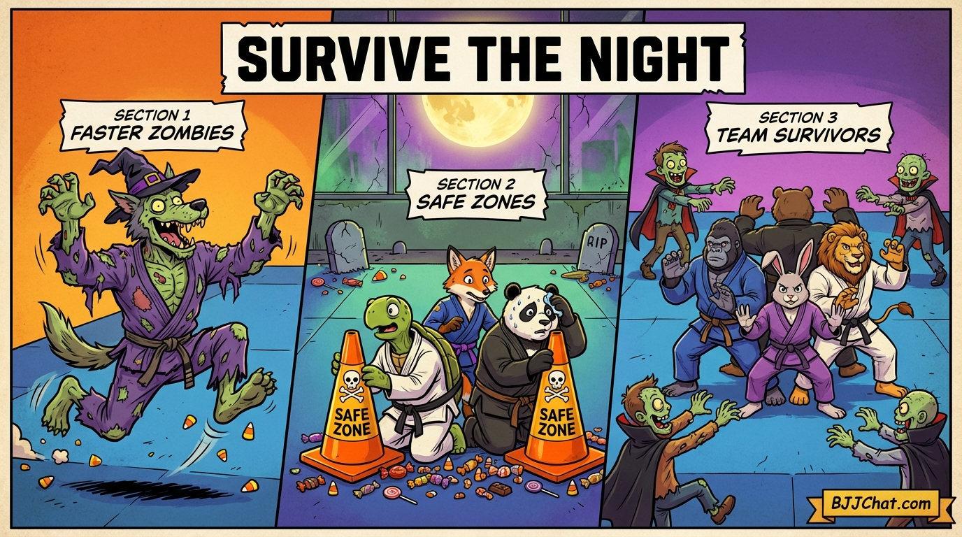 Zombie Apocalypse variations showing cartoon BJJ athletes demonstrating different approaches and skill levels